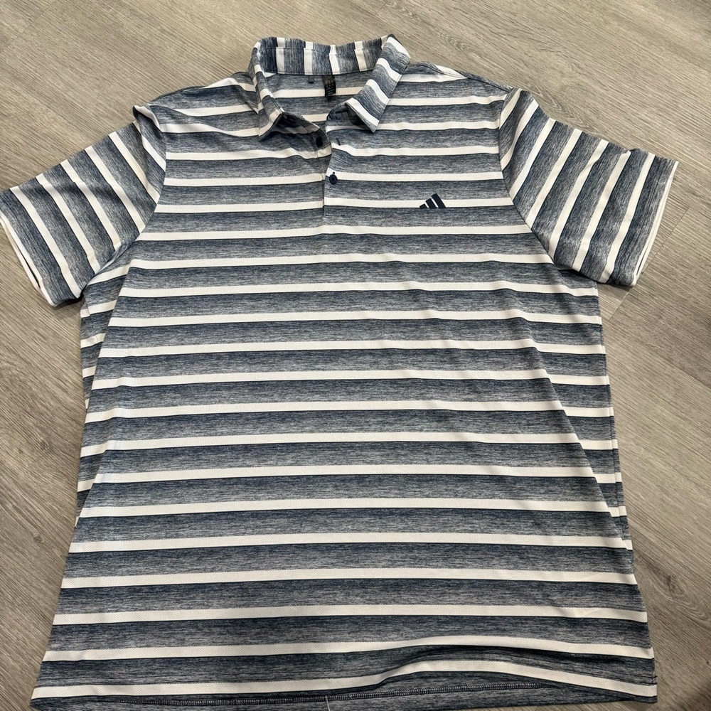 Adidas Men's Navy and White Striped Polo Shirt